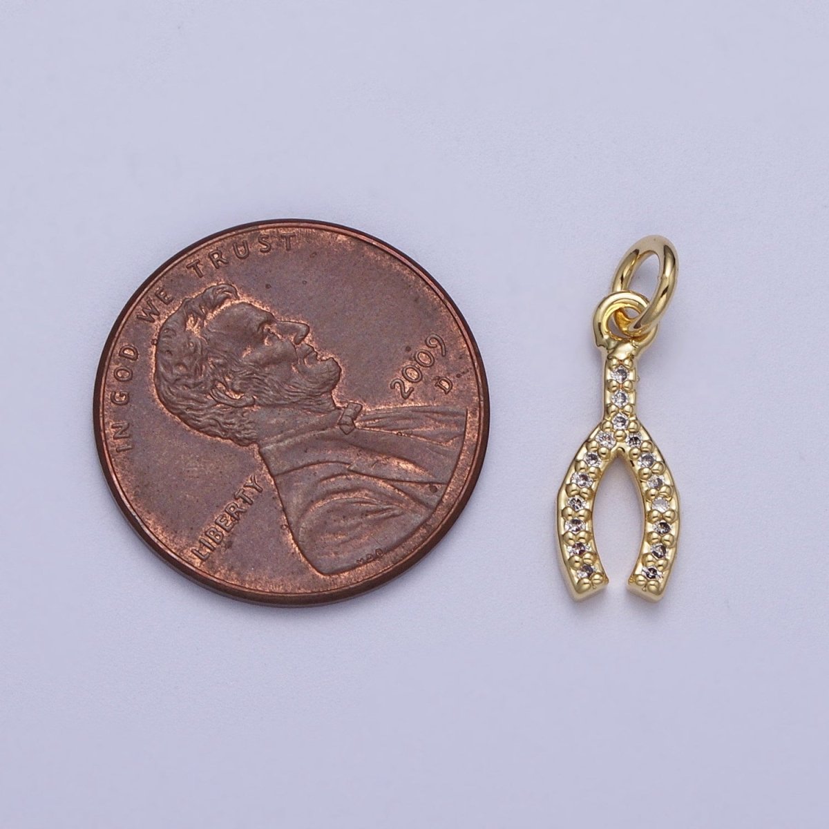 Clear Micro Paved Gold Lucky WishBone Wish Bone Cubic Zirconia Charm | A-301 - DLUXCA