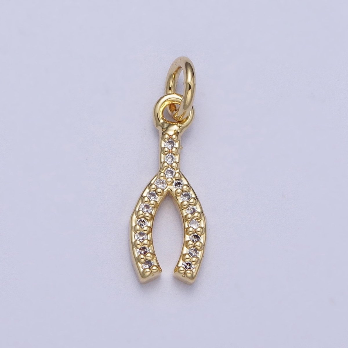 Clear Micro Paved Gold Lucky WishBone Wish Bone Cubic Zirconia Charm | A-301 - DLUXCA