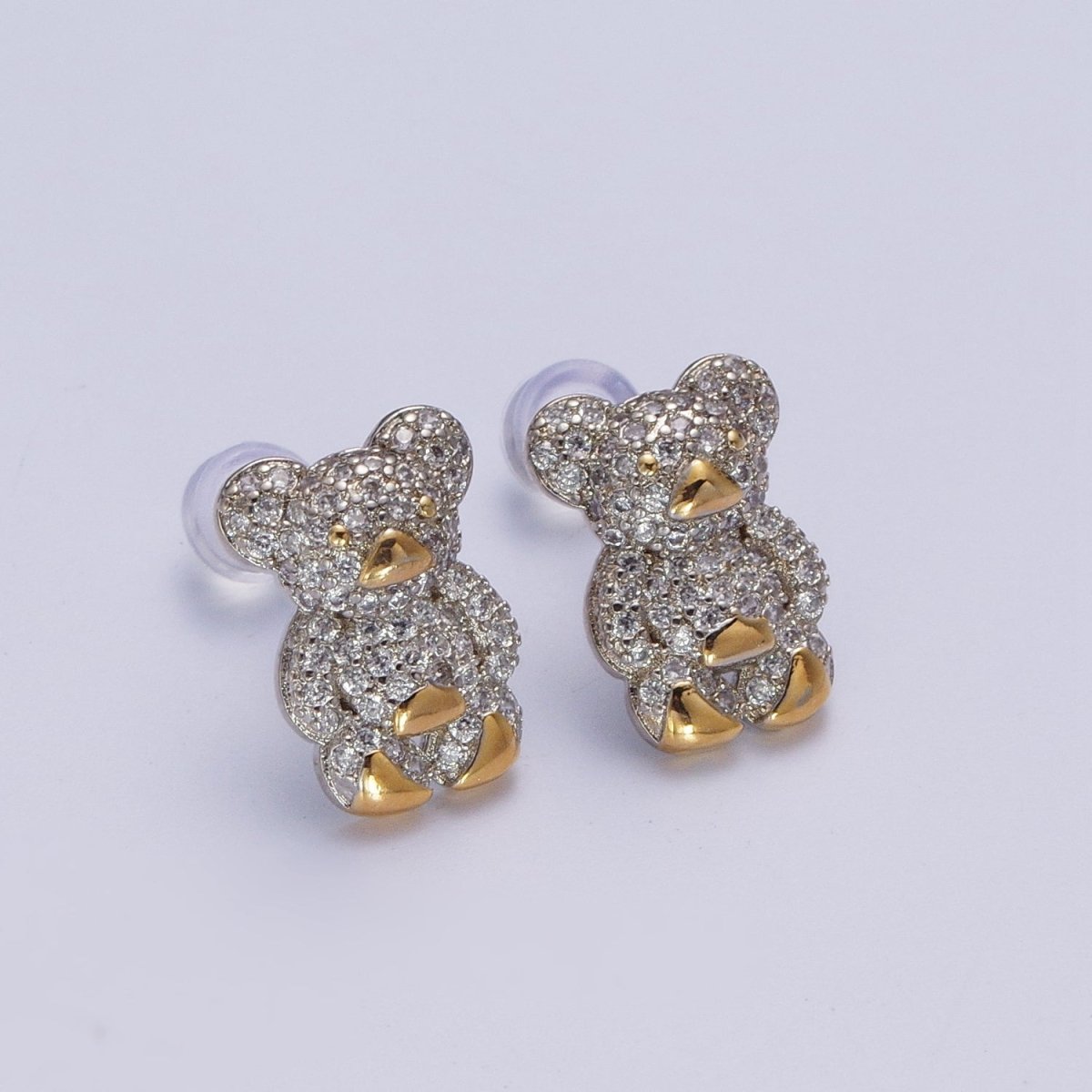 Clear Micro Paved Gold Teddy Bear Stud Earrings For Nature Jewelry Making | P-282 - DLUXCA