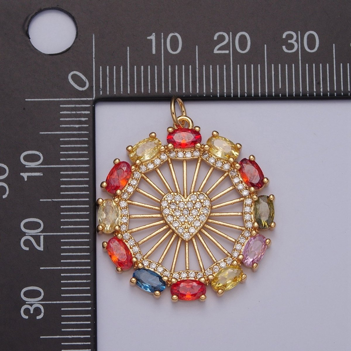 Clear Micro Paved Heart Geometric Bar Rounded Multicolor Oval CZ Medallion Charm | X-125 - DLUXCA