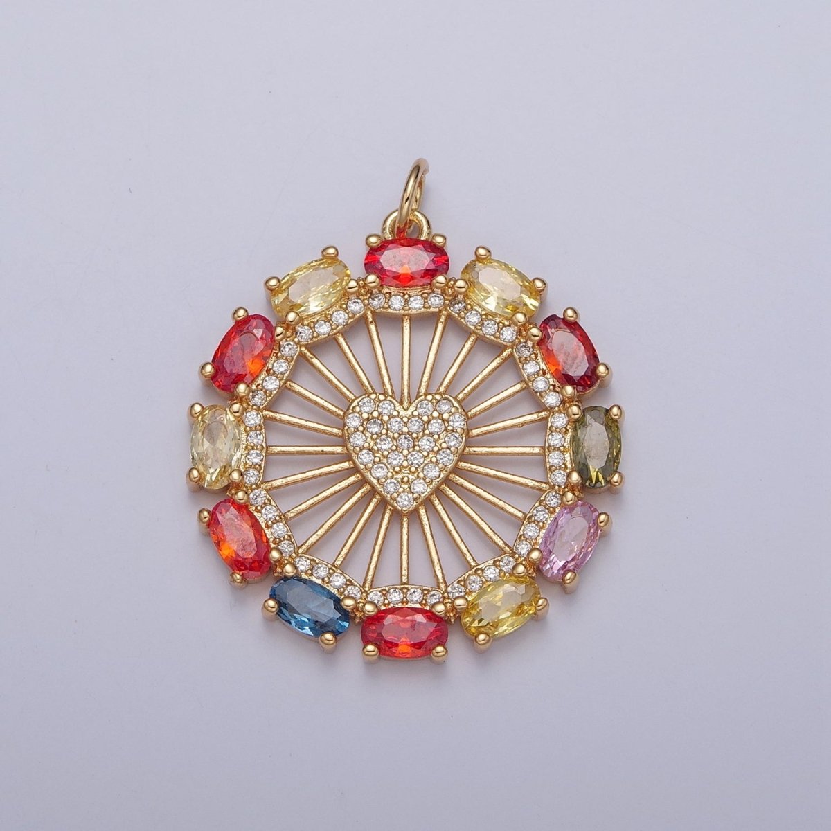 Clear Micro Paved Heart Geometric Bar Rounded Multicolor Oval CZ Medallion Charm | X-125 - DLUXCA