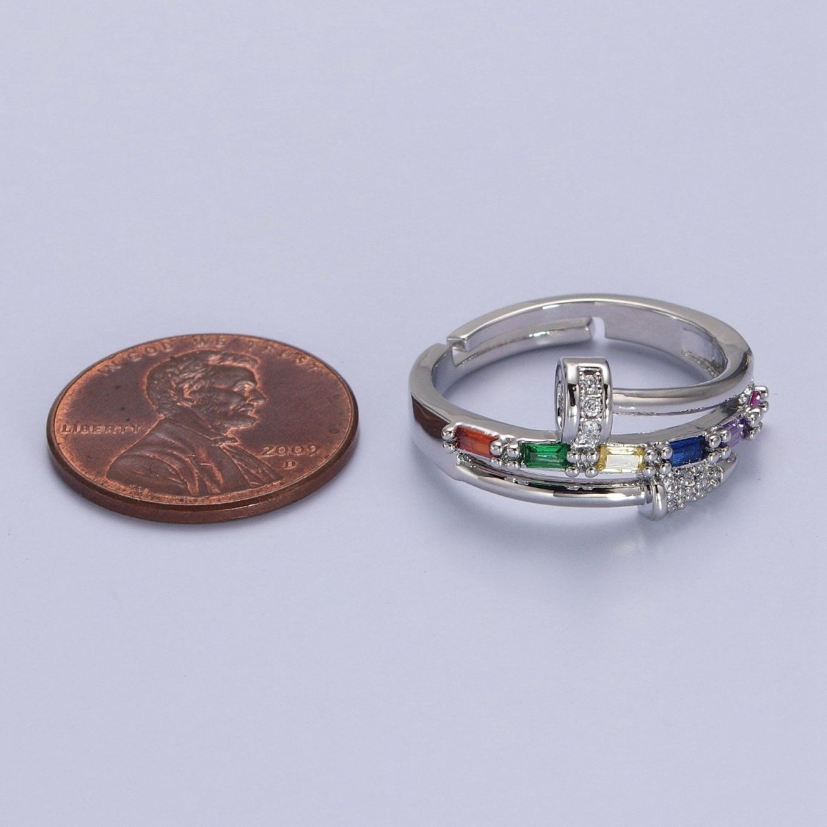 Clear Micro Paved Multicolor Baguette Adjustable Nail Ring in Gold & Silver | Y-565 Y-566 - DLUXCA