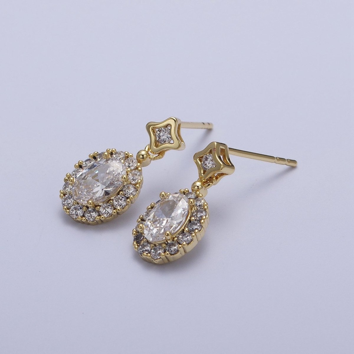 Clear Micro Paved Oval CZ Star Stud Drop Dangle Gold Earrings | Y-190 - DLUXCA
