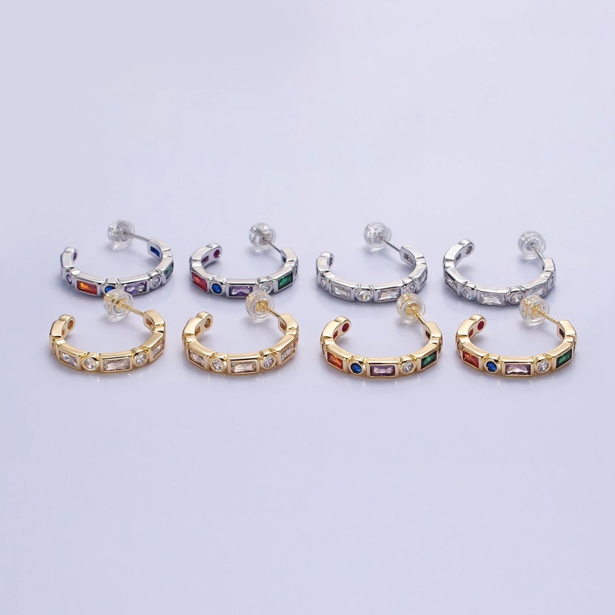 Clear, Multicolor Baguette Round CZ Lined C-Shaped Hoop Earrings | AB807, AB821 AB829 - DLUXCA