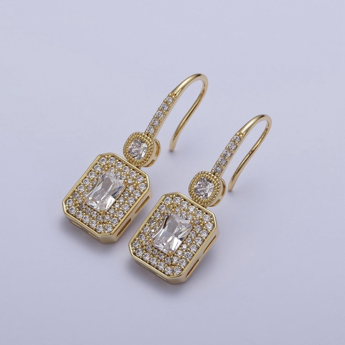 Clear, Pink Baguette Micro Paved CZ Drop Dangle French Hook Earrings | Y-193 Y-194 - DLUXCA