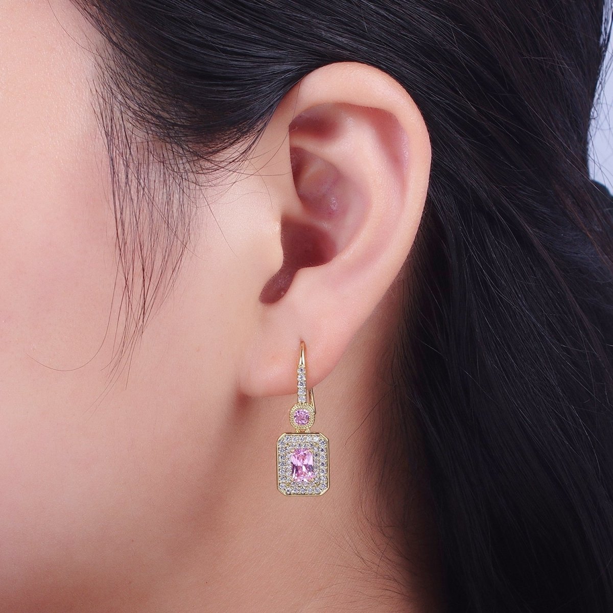 Clear, Pink Baguette Micro Paved CZ Drop Dangle French Hook Earrings | Y-193 Y-194 - DLUXCA