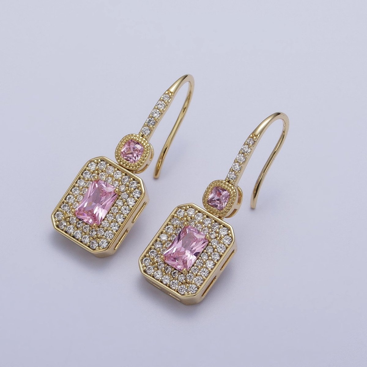 Clear, Pink Baguette Micro Paved CZ Drop Dangle French Hook Earrings | Y-193 Y-194 - DLUXCA