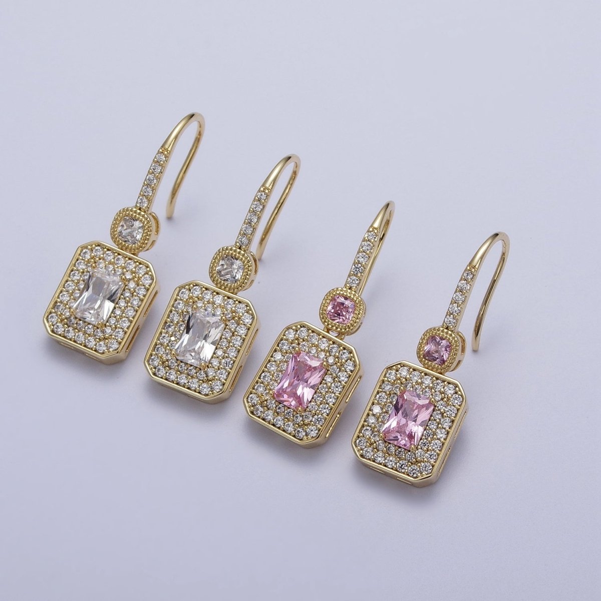 Clear, Pink Baguette Micro Paved CZ Drop Dangle French Hook Earrings | Y-193 Y-194 - DLUXCA