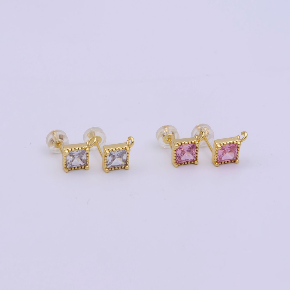 Clear / Pink Cz Stud 14K Gold Filled Rhombus Ear Studs Geometry Earring Studs With Open link for Earring Making L-539 L-553 - DLUXCA