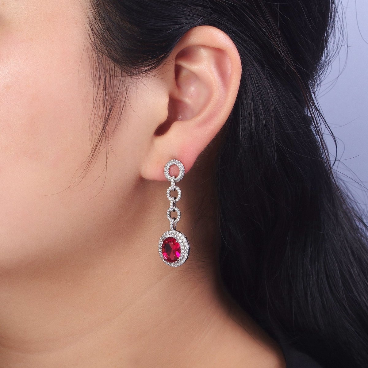 Clear, Pink, Fuchsia Oval CZ Micro Paved Rolo 42mm Dangle Silver Stud Earring | AB224 AB293 AB294 - DLUXCA