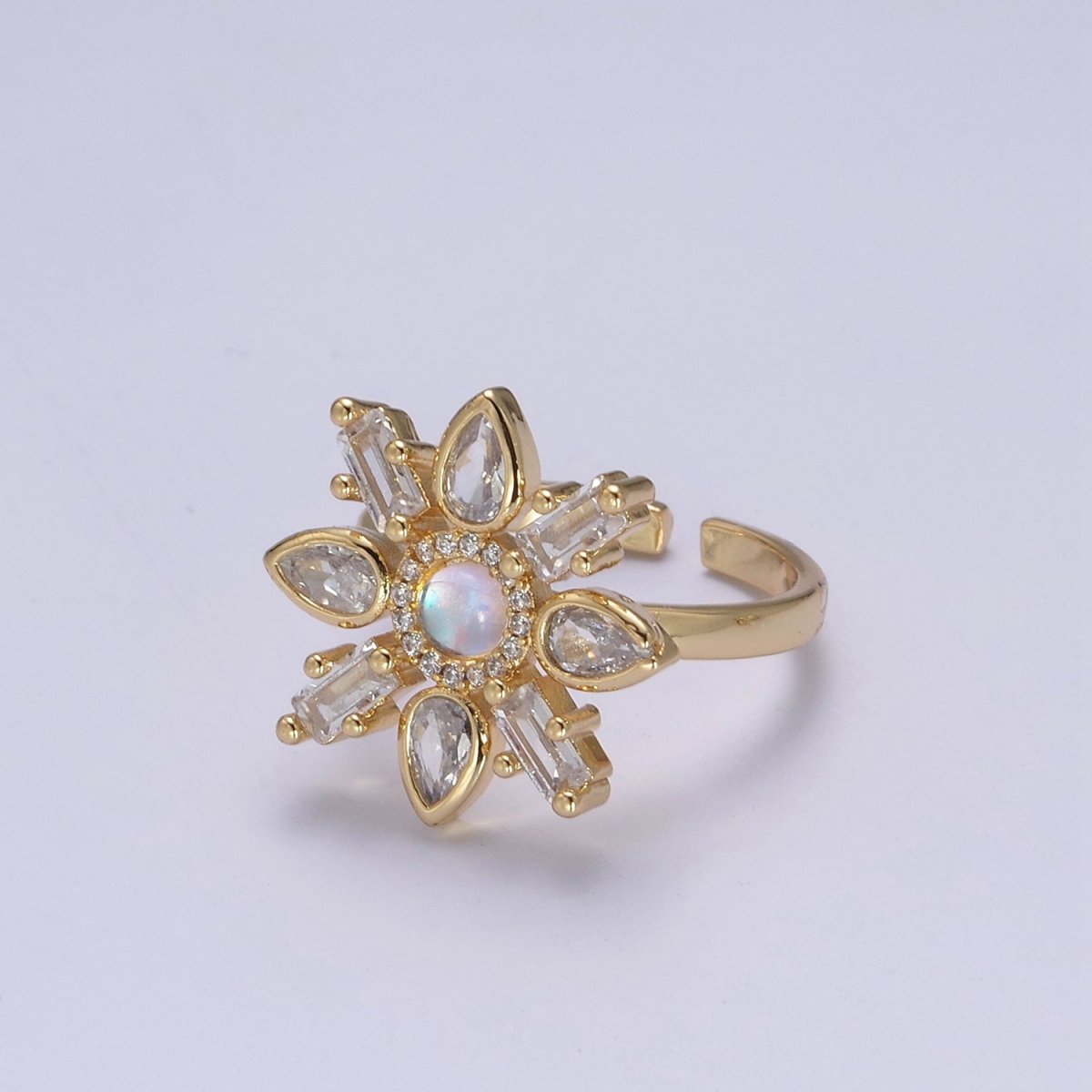 Clear & Rainbow Crystal Zirconia Flower Ring, Dainty Mother Nature 24K Gold Filled Adjustable Statement Ring | U-457 U-458 - DLUXCA
