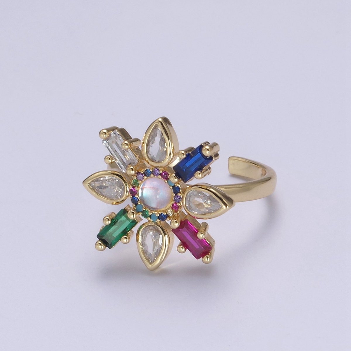 Clear & Rainbow Crystal Zirconia Flower Ring, Dainty Mother Nature 24K Gold Filled Adjustable Statement Ring | U-457 U-458 - DLUXCA