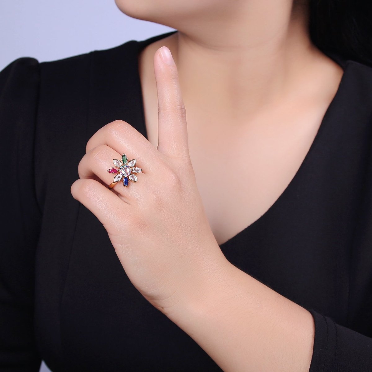 Clear & Rainbow Crystal Zirconia Flower Ring, Dainty Mother