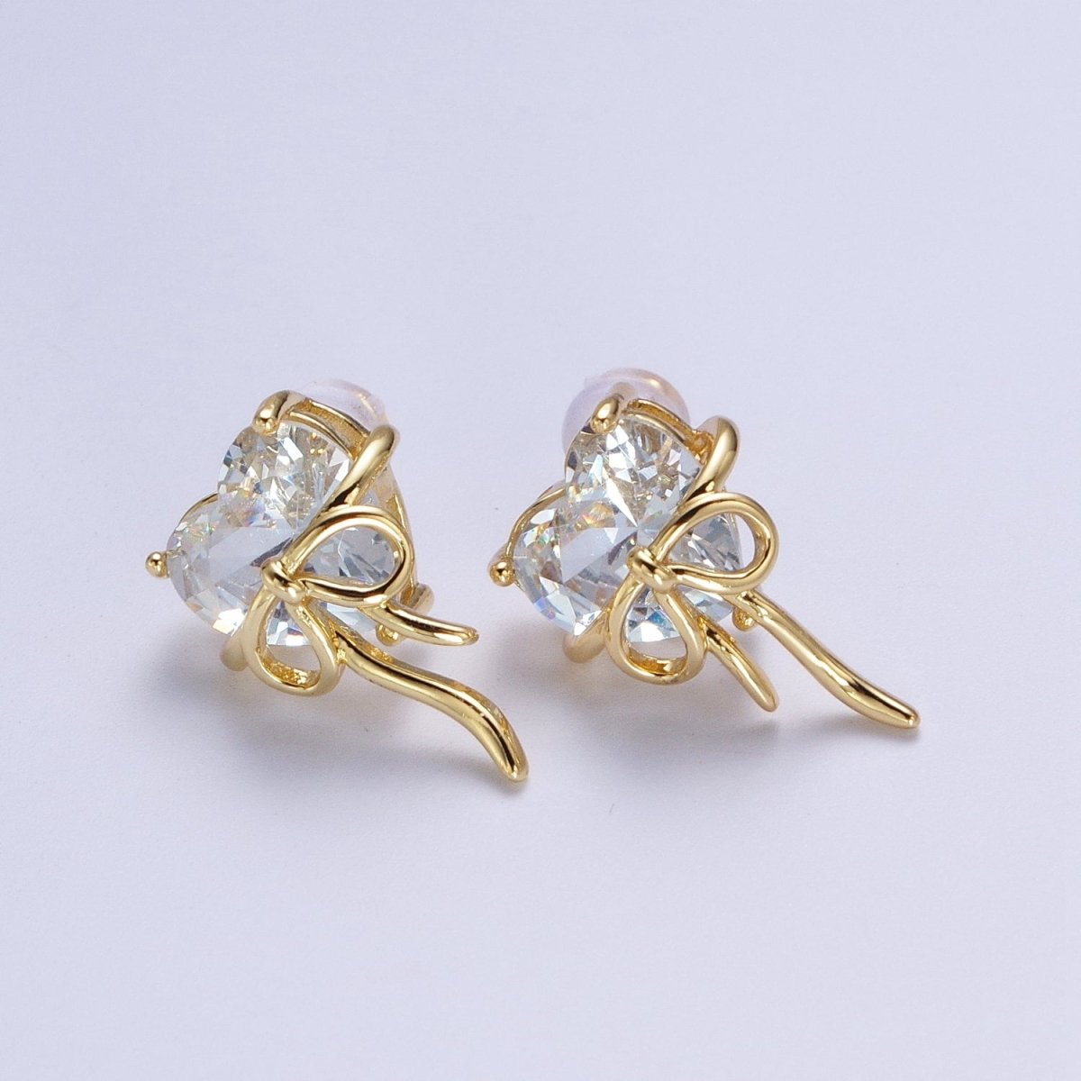 Clear / Red Heart Cubic Zirconia Ribbon Gold Studs Earrings For Valentine Love | Y-075 Y-076 - DLUXCA