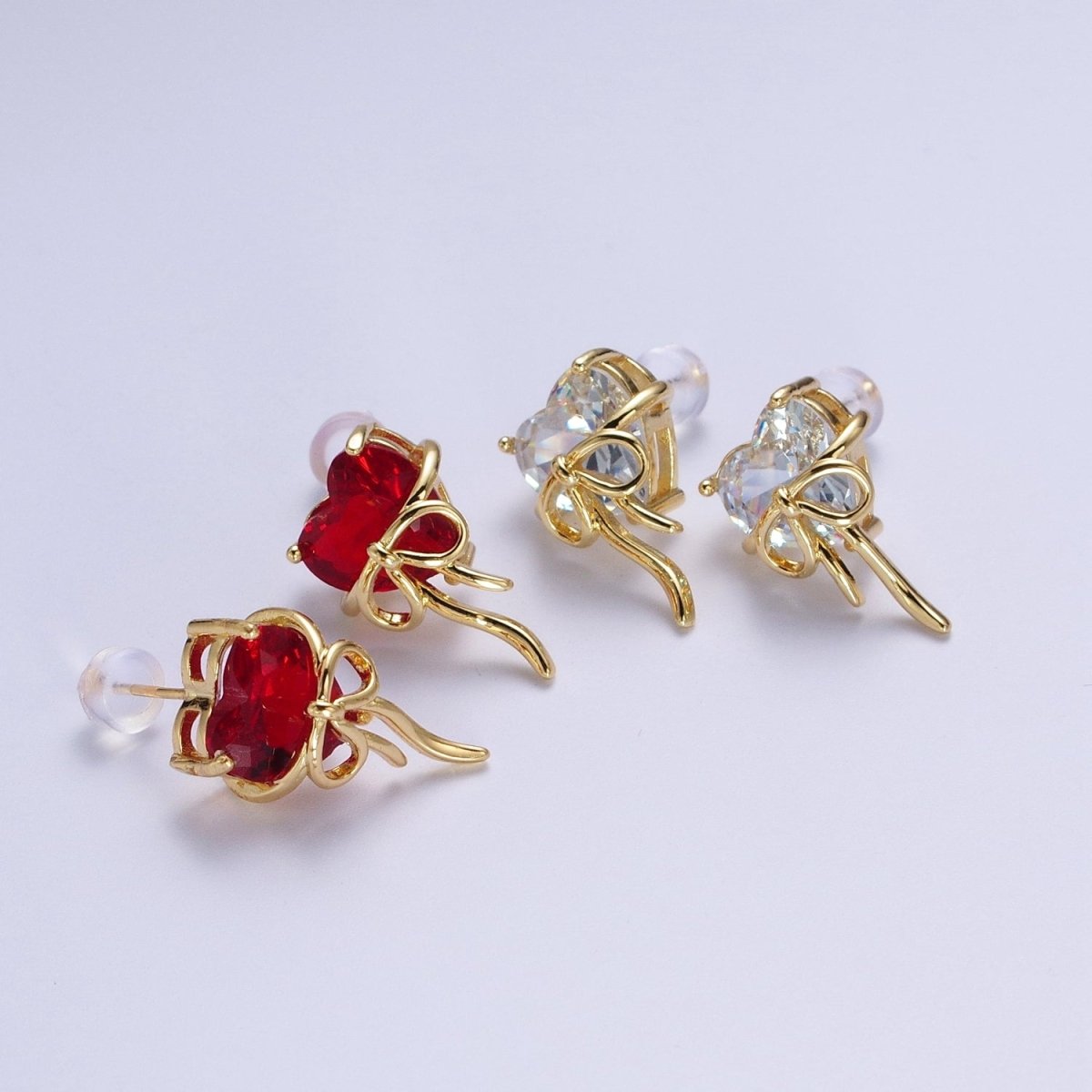 Clear / Red Heart Cubic Zirconia Ribbon Gold Studs Earrings For Valentine Love | Y-075 Y-076 - DLUXCA