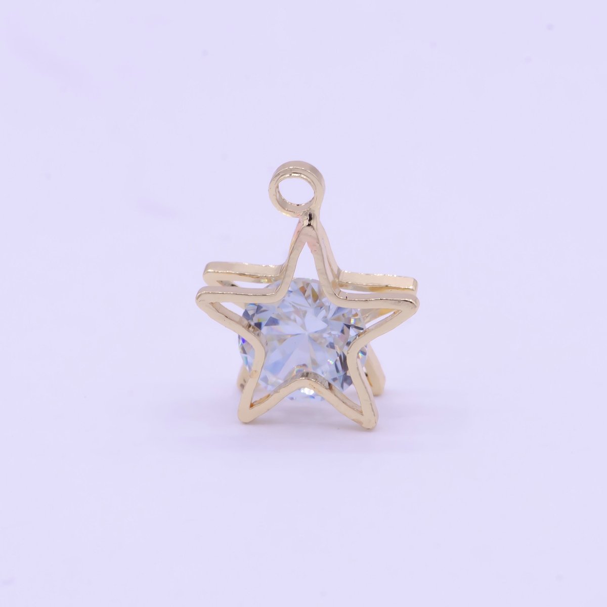 Clear Round Cubic Zirconia Between Celestial Gold Star Charm AG-085 - DLUXCA