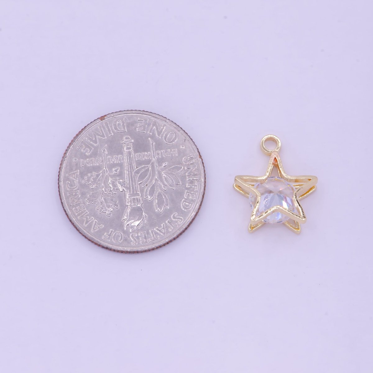 Clear Round Cubic Zirconia Between Celestial Gold Star Charm AG-085 - DLUXCA