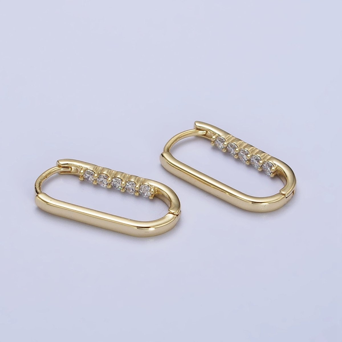 Clear Round CZ Lined Oblong U-Shaped Minimalist Hoop Earrings | AB413 - DLUXCA