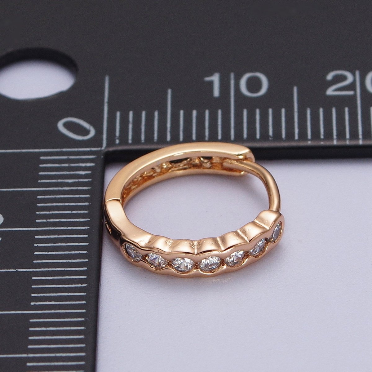 Clear Round Dotted CZ Lined 14.4mm Pinky Gold Huggie Hoop Earrings | V-041 - DLUXCA