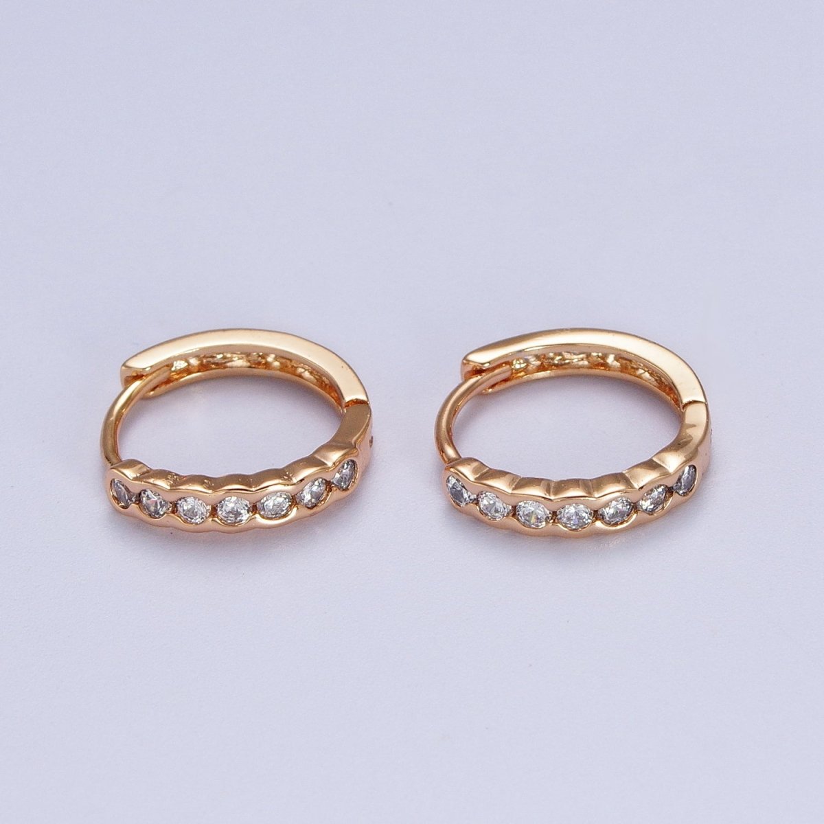 Clear Round Dotted CZ Lined 14.4mm Pinky Gold Huggie Hoop Earrings | V-041 - DLUXCA