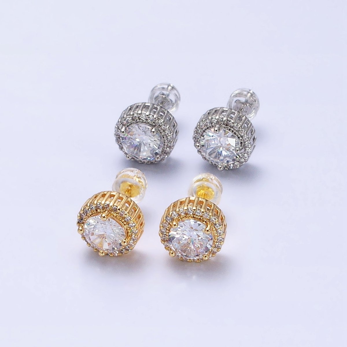 Clear Round Micro Paved CZ Silver, Gold Stud Earrings | AB563 AB671 - DLUXCA