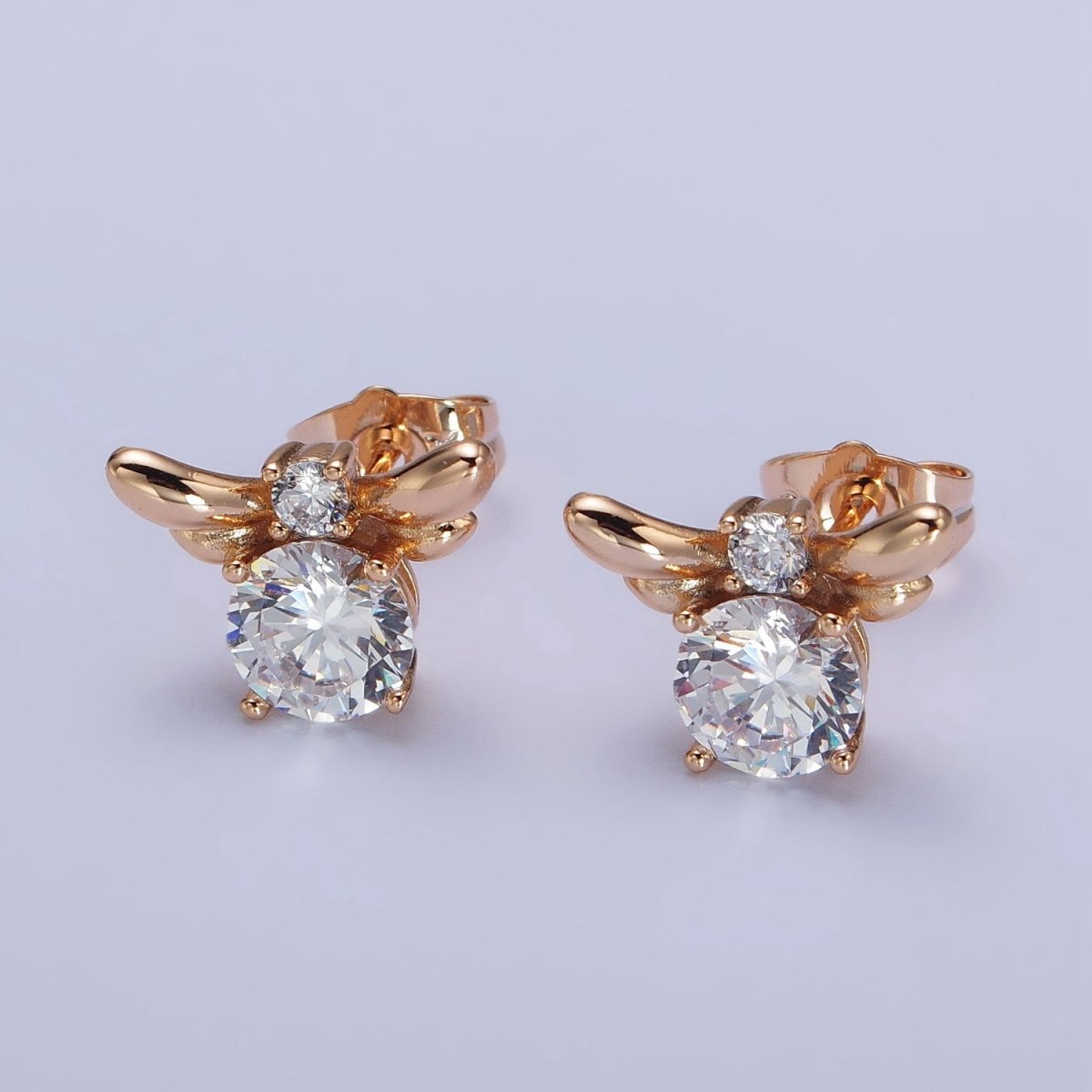 Clear Round Wings Mini Minimalist Gold Stud Earrings | AB228 - DLUXCA