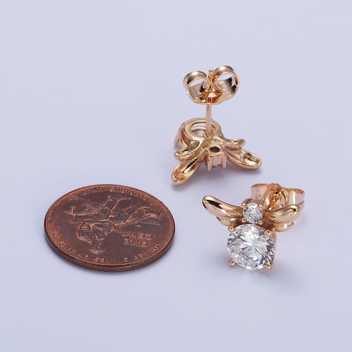 Clear Round Wings Mini Minimalist Gold Stud Earrings | AB228 - DLUXCA