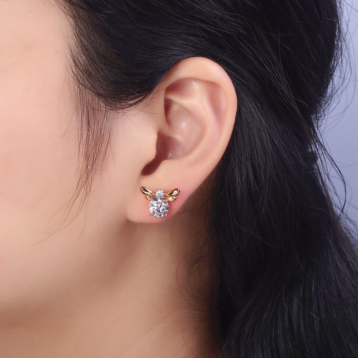 Clear Round Wings Mini Minimalist Gold Stud Earrings | AB228 - DLUXCA