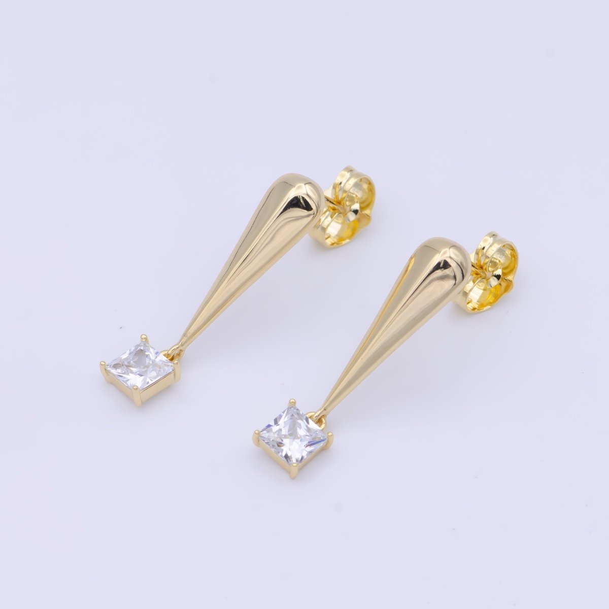 Clear Square Baguette Gold Drip Drop Stud Earrings | X-932 - DLUXCA