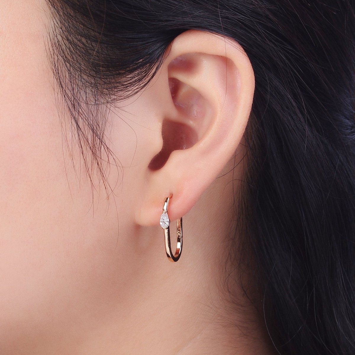 Clear Teardrop CZ 21.5mm Oblong U-Shaped Pinky Gold Huggie Earrings | V-038 - DLUXCA