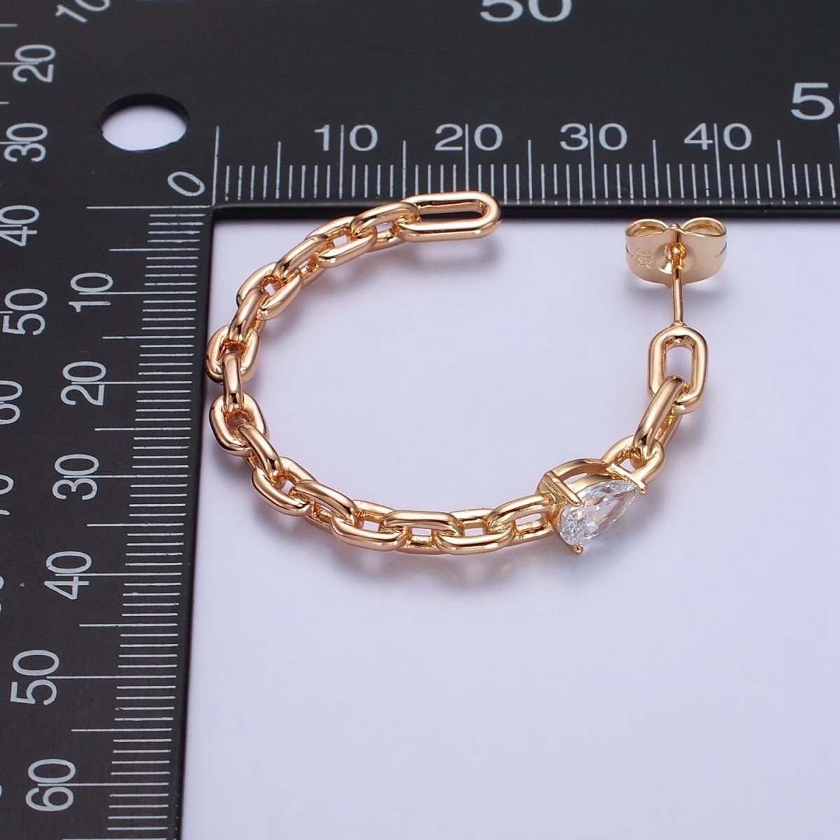 Clear Teardrop CZ C-Shaped Cable Paperclip Chain Link 38mm Hoop Earrings | AB159 - DLUXCA