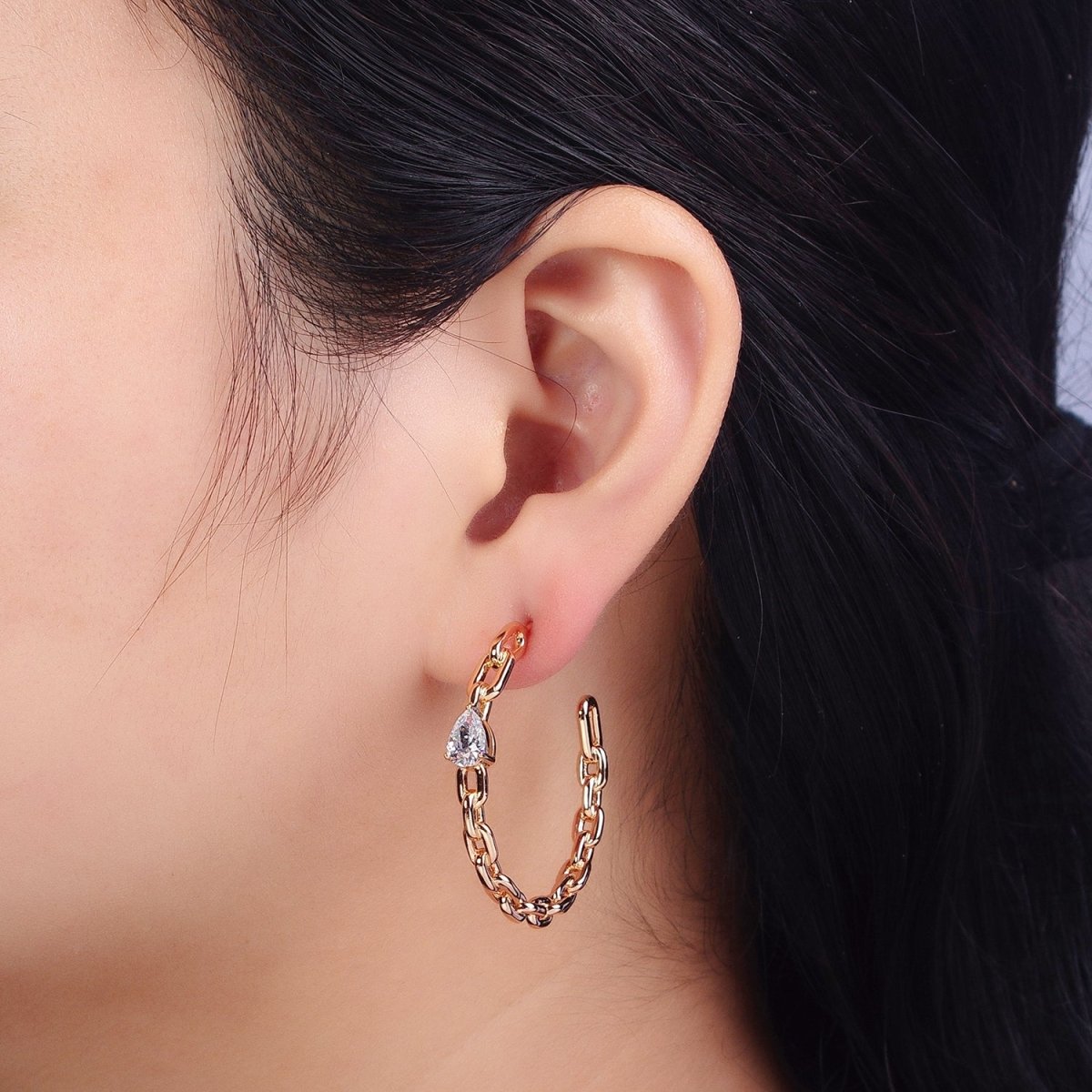 Clear Teardrop CZ C-Shaped Cable Paperclip Chain Link 38mm Hoop Earrings | AB159 - DLUXCA
