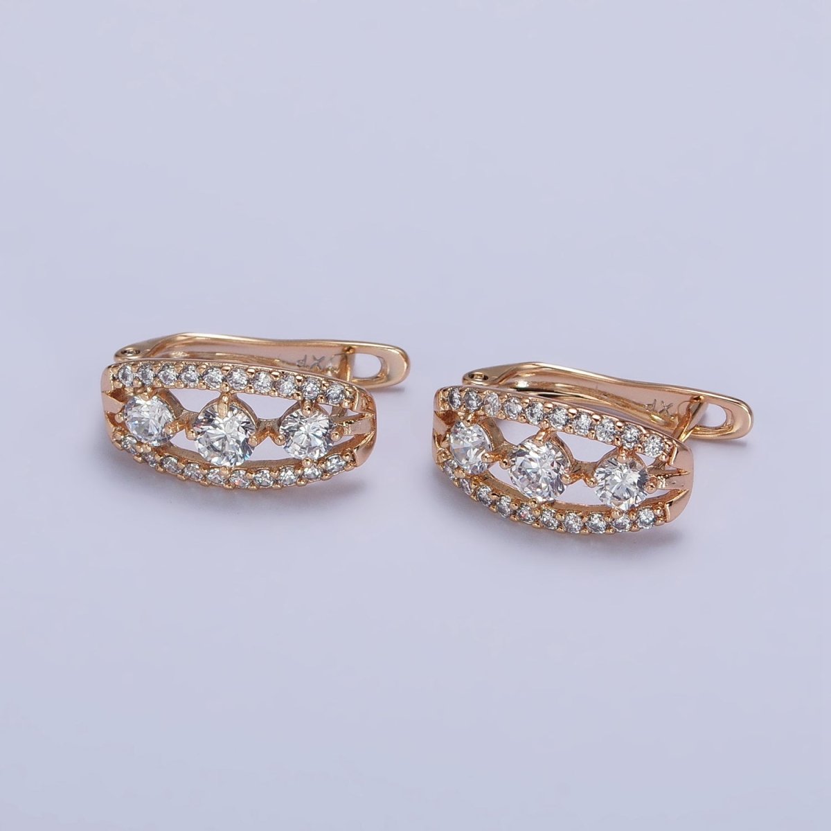 Clear Triple Round Micro Paved CZ Band Minimalist Gold English Lock Earrings | AB230 - DLUXCA