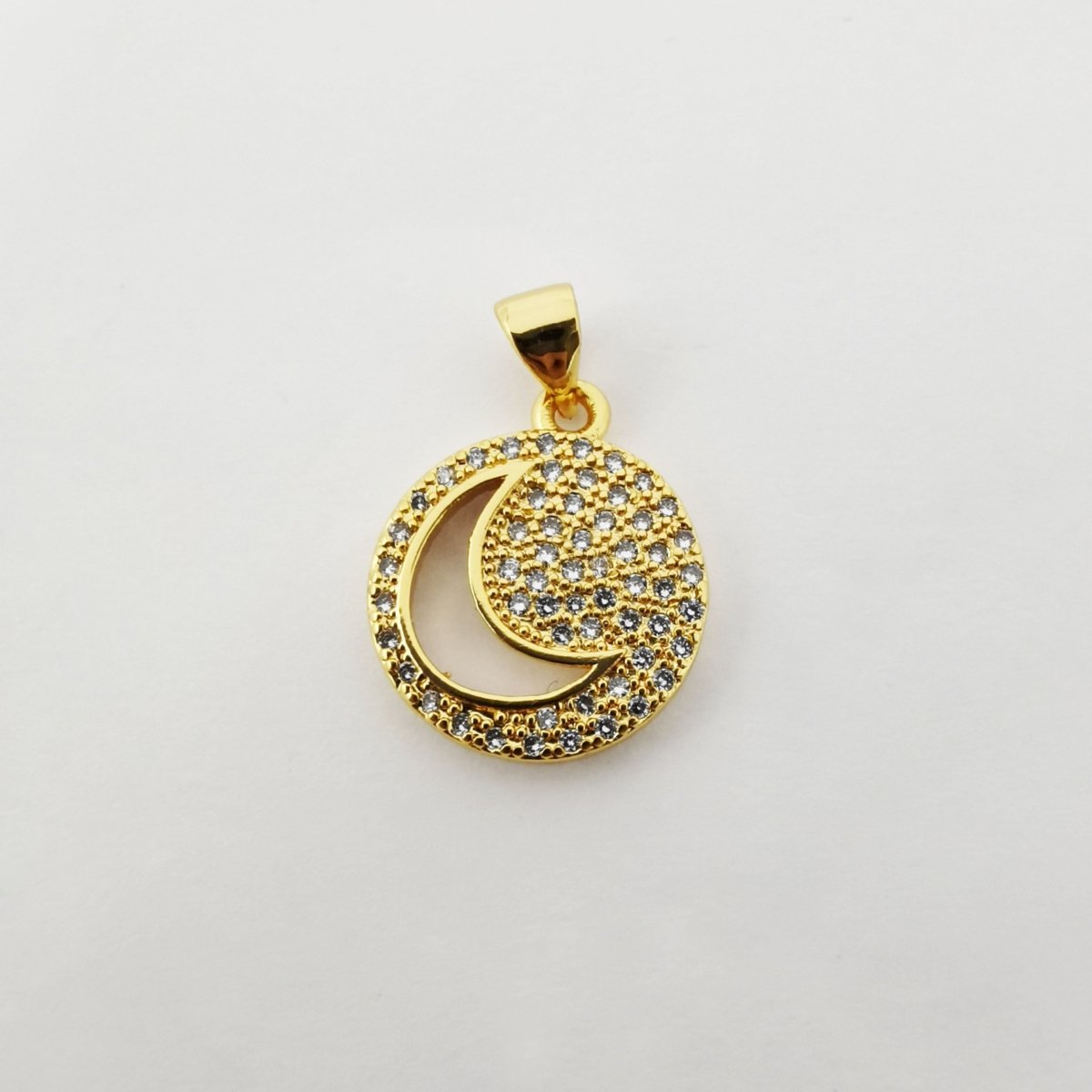 Clearance! Gold / Silver Circle Celestial Moon and Star Pave Cubic Zirconia Crystal Pendant for DIY Necklace H-312 - DLUXCA