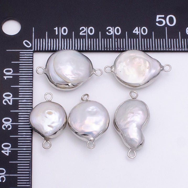 Clearance! Natural Freeform Coin Pearl Charm, Pearl Connector Double Bail, Silver Plated Pearl Charm for Bracelet Necklace Earring Making 19x12mm P-1767 - DLUXCA