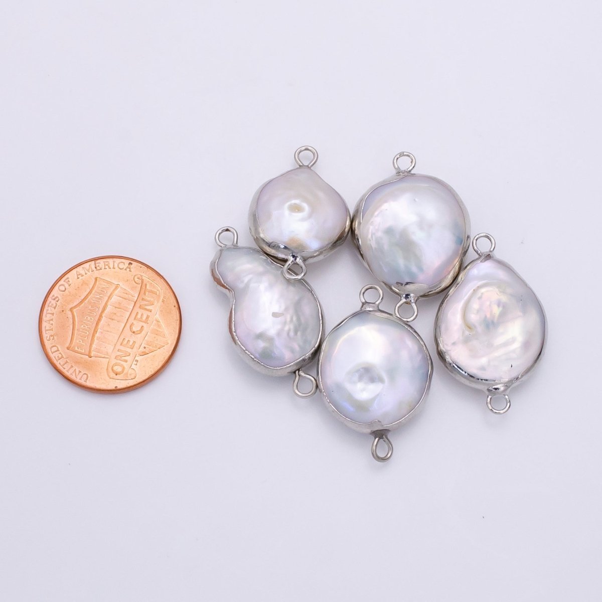 Clearance! Natural Freeform Coin Pearl Charm, Pearl Connector Double Bail, Silver Plated Pearl Charm for Bracelet Necklace Earring Making 19x12mm P-1767 - DLUXCA