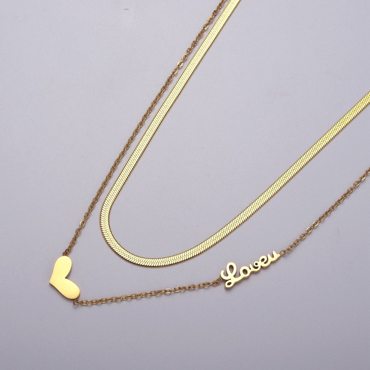 Clearance Pricing BLOWOUT Double Layer Herringbone Chain Necklace, Gold Love Charm Necklace Set WA-920 - DLUXCA