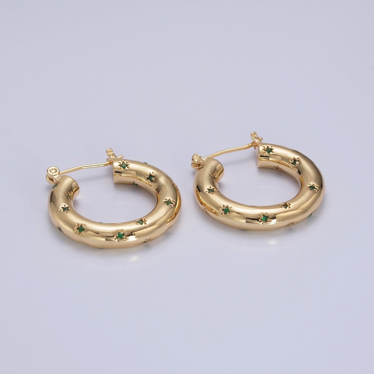 Clear/Green Celestial Star Studded French Lock Hinged Hook Hoop Earrings in Silver & Gold P-383 P-384 P-385 - DLUXCA