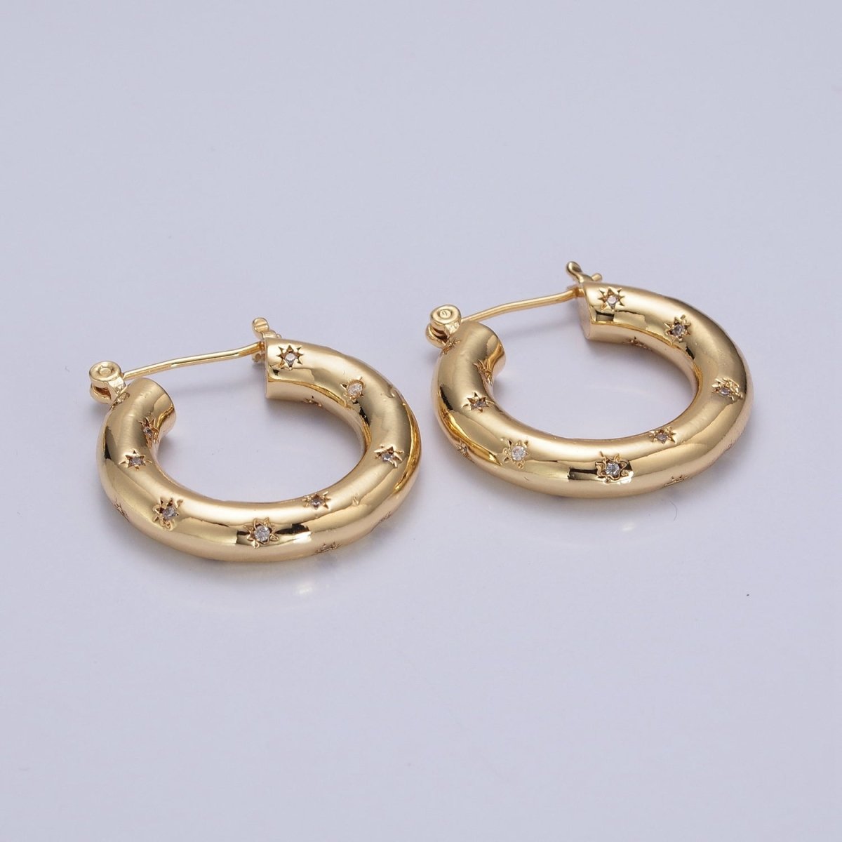Clear/Green Celestial Star Studded French Lock Hinged Hook Hoop Earrings in Silver & Gold P-383 P-384 P-385 - DLUXCA