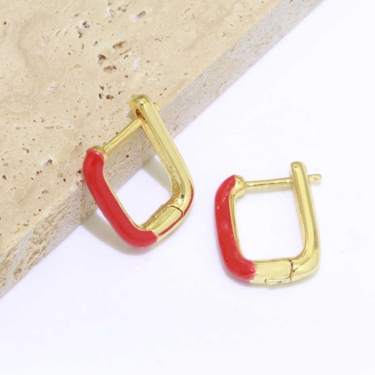 Color Enamel U Shape Hoop Earring, Small Minimalist Oval Hoop Gold Filled T-112 ~ T-124 - DLUXCA