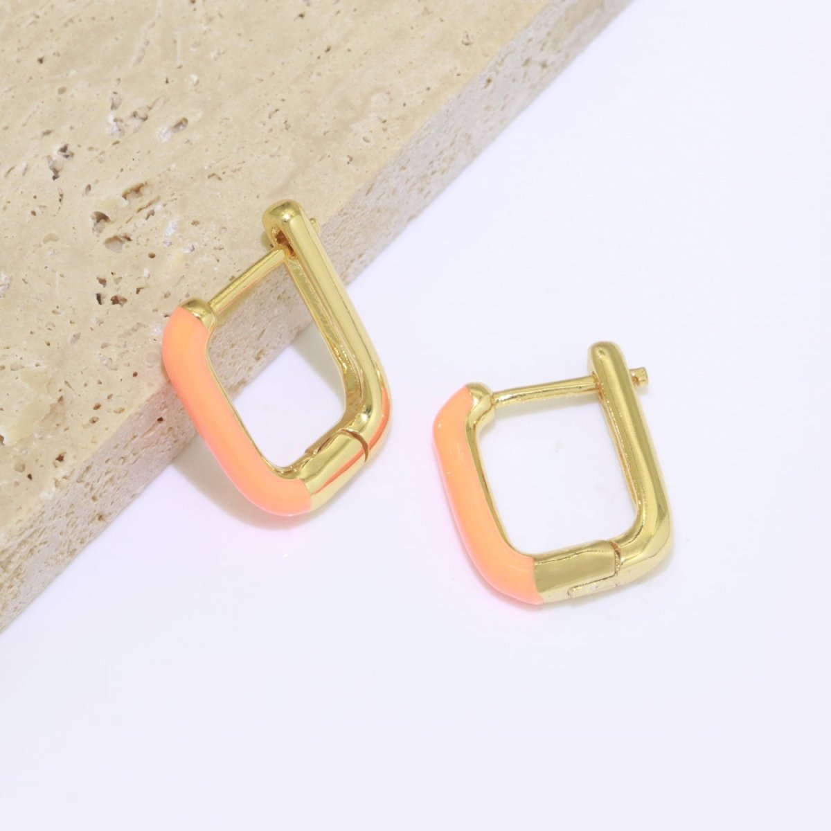 Color Enamel U Shape Hoop Earring, Small Minimalist Oval Hoop Gold Filled T-112 ~ T-124 - DLUXCA
