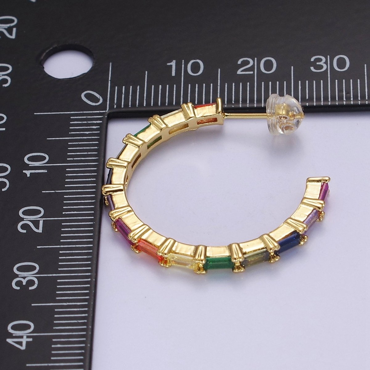 Colorful Baguette Hoop Earrings, Gold Multicolor Rainbow Hoop V-108 - DLUXCA