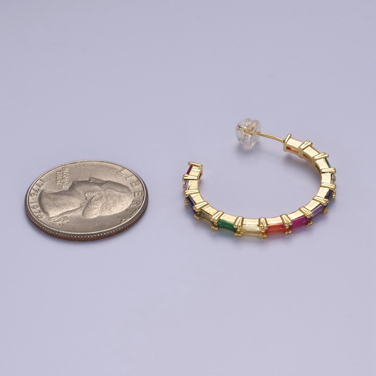 Colorful Baguette Hoop Earrings, Gold Multicolor Rainbow Hoop V-108 - DLUXCA