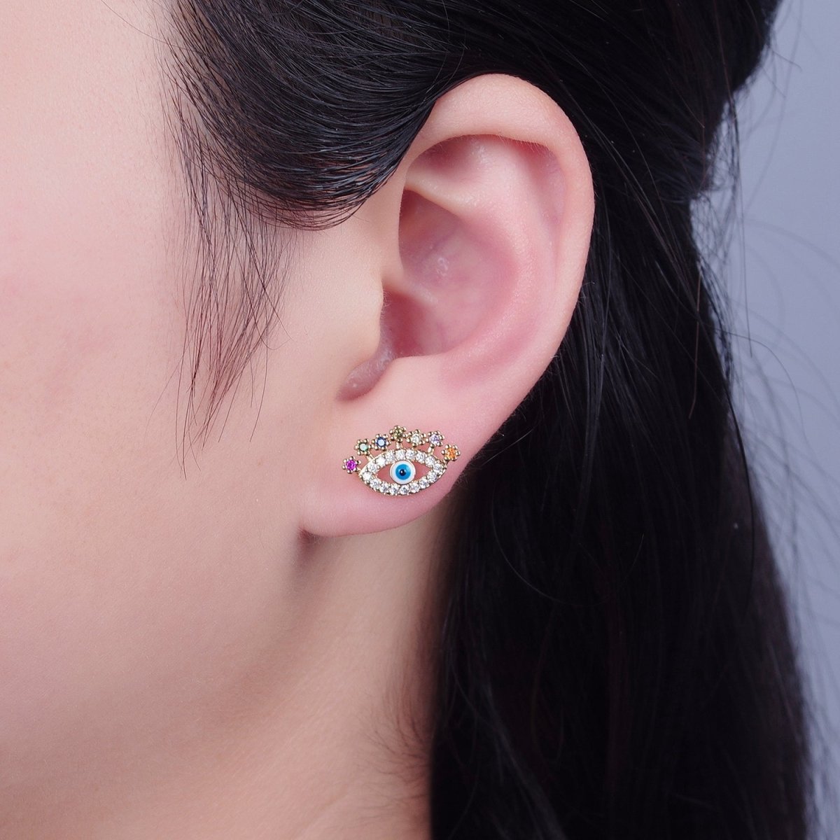 Colorful CZ Stud Earring Evil Eye Stud Earring jewelry T-472 - DLUXCA