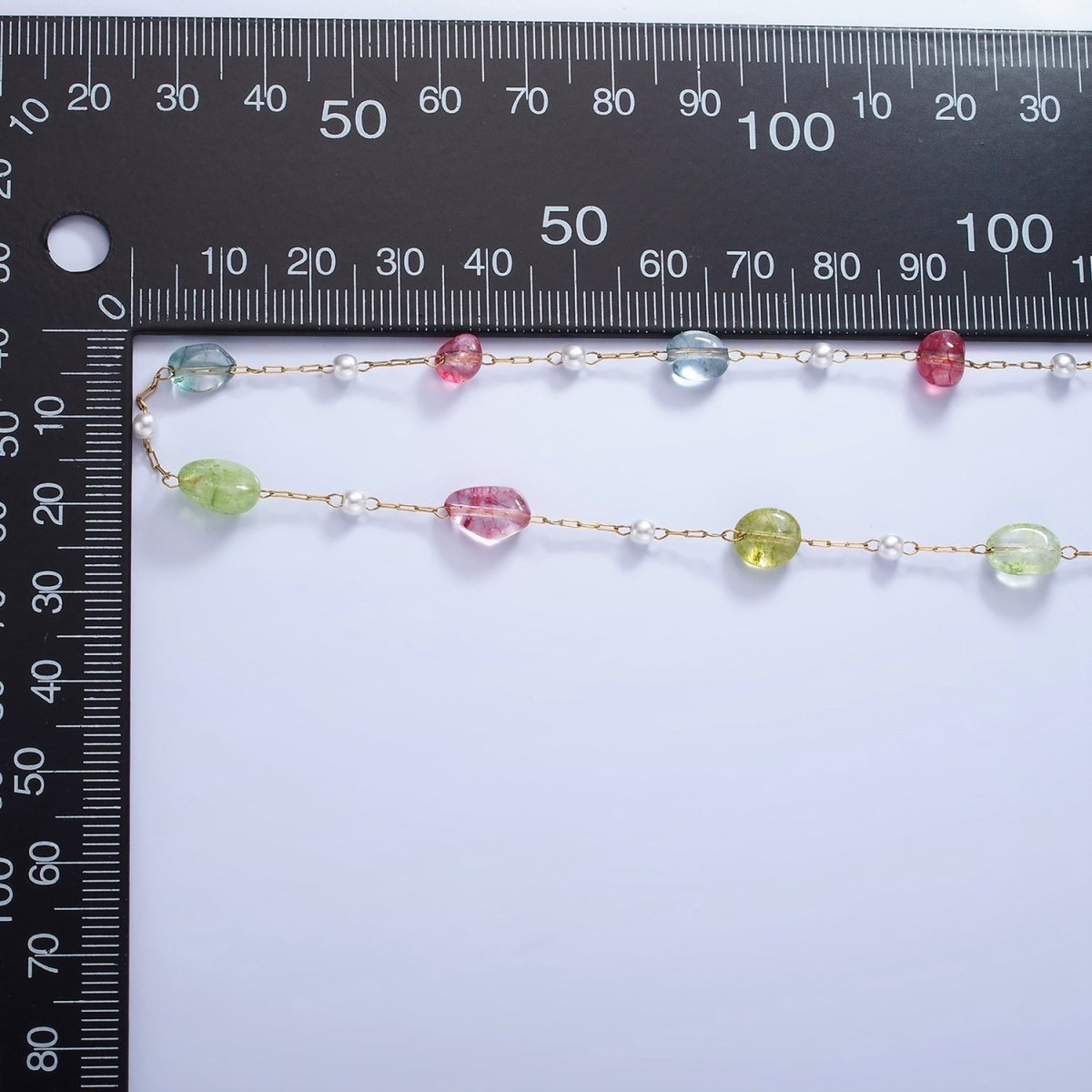 Colorful Gemstone Pearl Beaded Chain on Gold Paperclip Chain by Yard | ROLL-1505 - DLUXCA