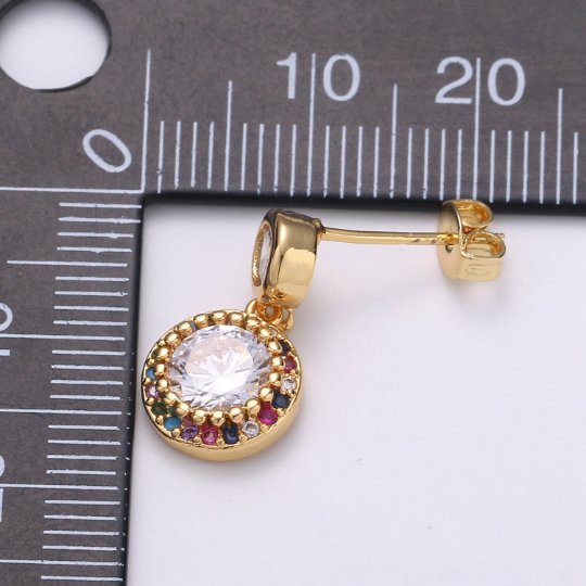 Colorful Gold Stud earrings- round CZ crystals Dangle earring Q-262 - DLUXCA