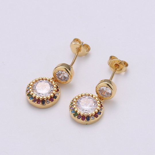 Colorful Gold Stud earrings- round CZ crystals Dangle earring Q-262 - DLUXCA