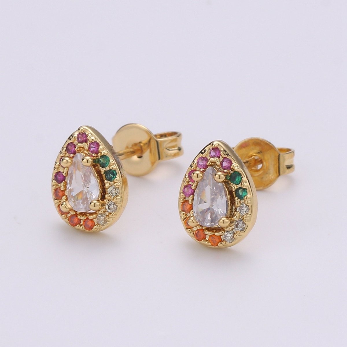 Colorful Gold Tiny Stud Earrings - Rainbow Micro Pave Studs - Dainty CZ Studs 10mm Tear Drop Crystal Small Stud Earrings Q-252 - DLUXCA