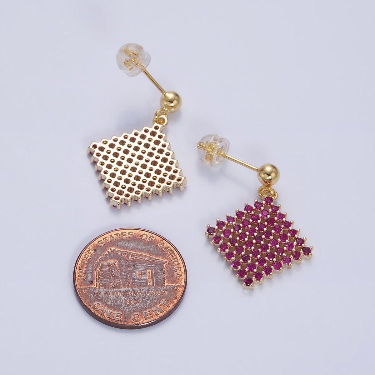 Colorful Micro Pave Rhombus Drop Earring Gold CZ Diamond Shape Stud Earring Geometric Design Cocktail Earring AB714 AB715 AB716 AB717 AB718 - DLUXCA