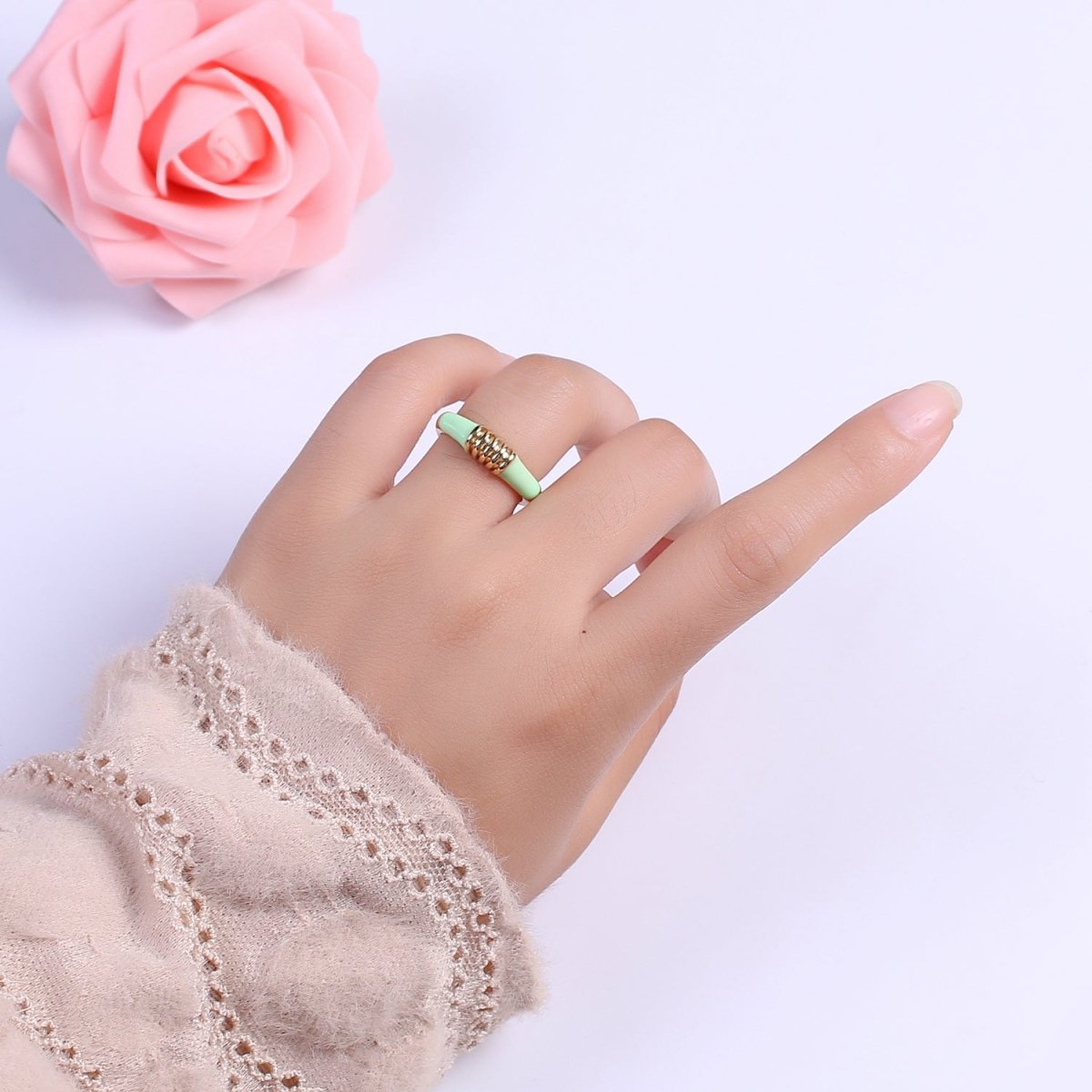 Colorful Pastel Enamel Ring • Gold Filled Multicolor Open Band • Green Pink Black White Minimalist Stackable Ring U-115~U-118 - DLUXCA